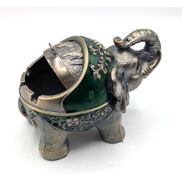 Vtg Enameled Metal Elephant Cigarette Ashtray with Hinged Lid Green Brass 6" - Picture 6 of 8